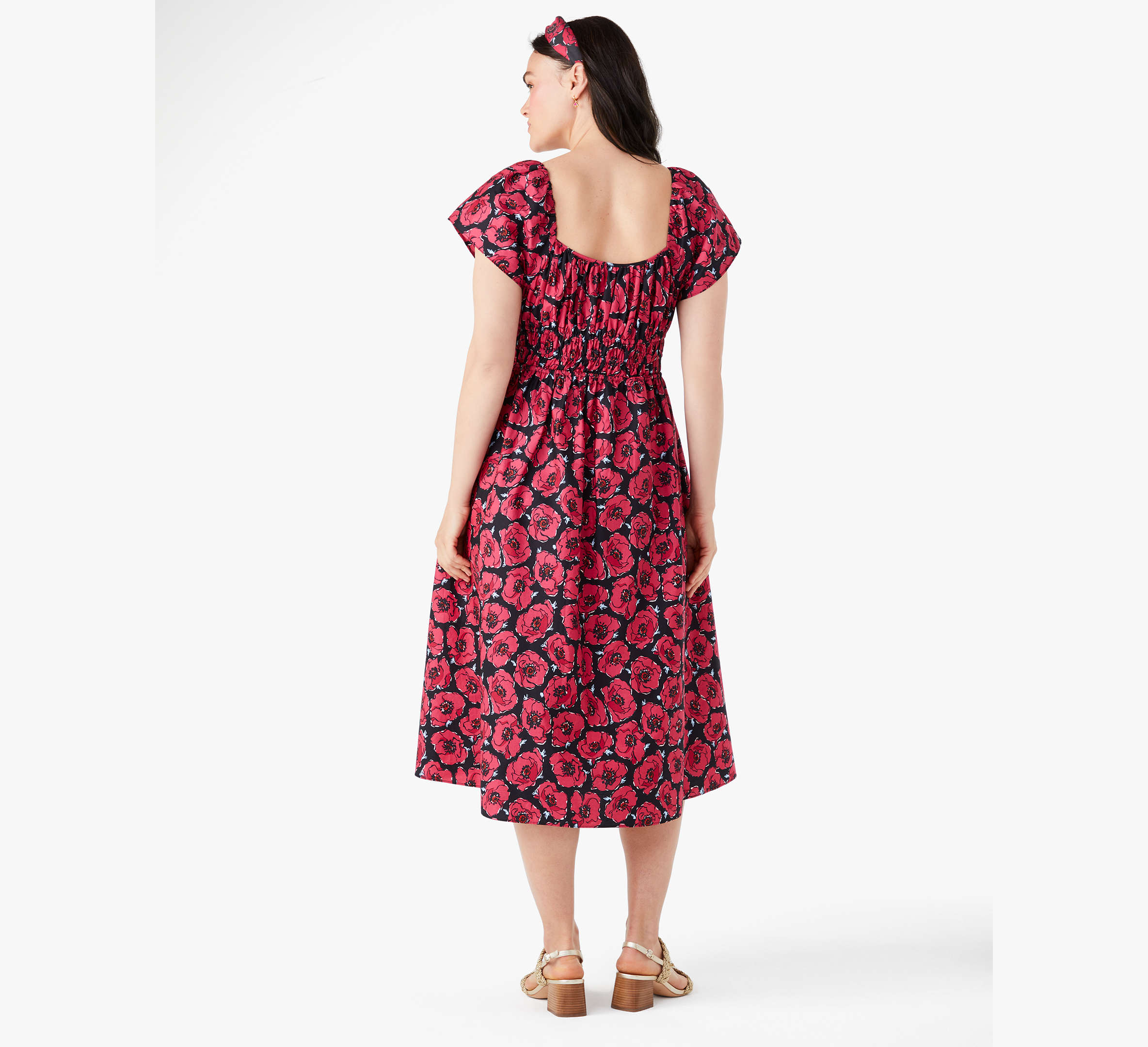 Poppy Toss Square-neck Midi Dress