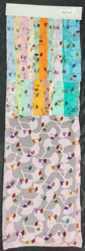 44001 Tissu lin mélangé gaufré au motif de feuille de ginkgo + impression