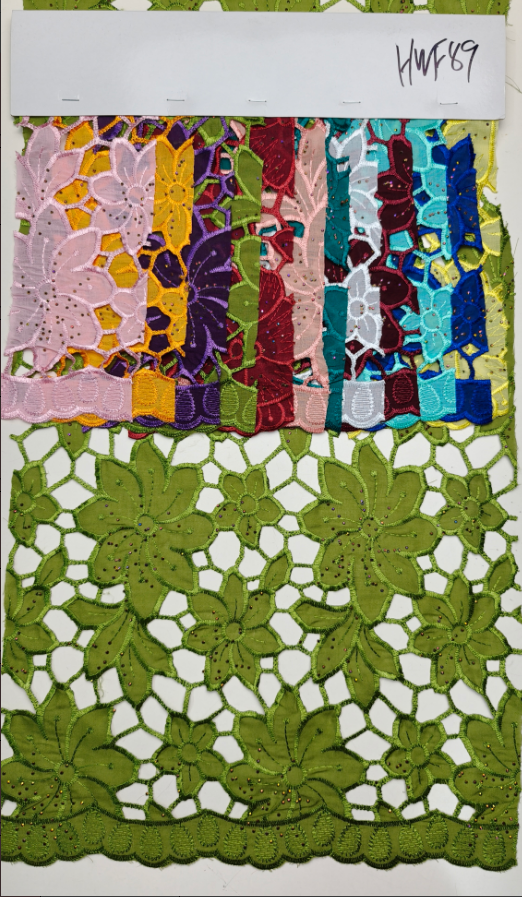 HWF89 Tissu imitation coton unicolore avec découpe laser et application de strass