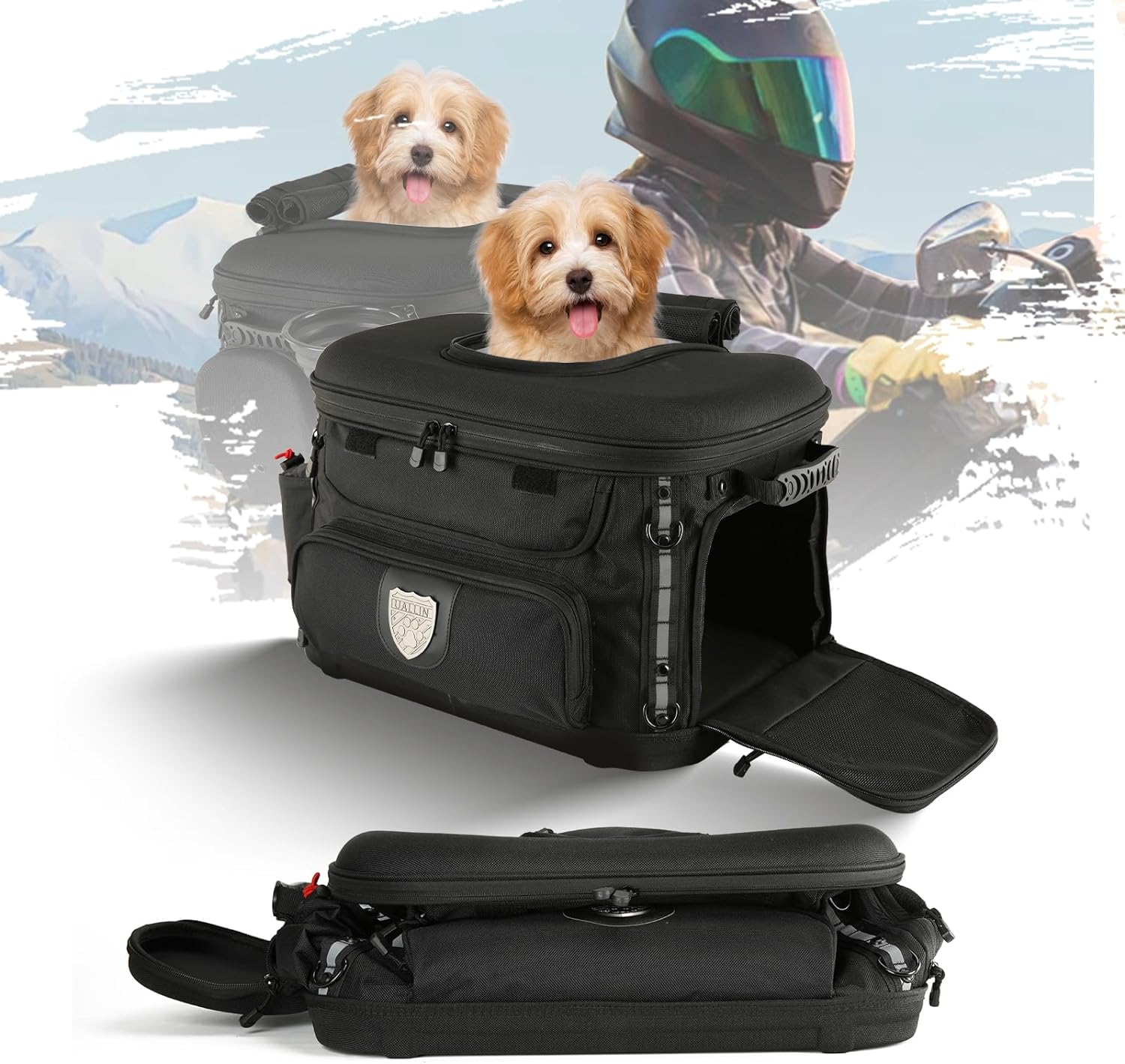 Motorcycle Dog Cat Carrier, Portable Pet Carrier Weather-Proof Pet Crate Travel Luggage Bags for Harley Road Street Glide CVO Road King Touring Trike Can Am w/Luggage Rack 20lb Pet (Black)