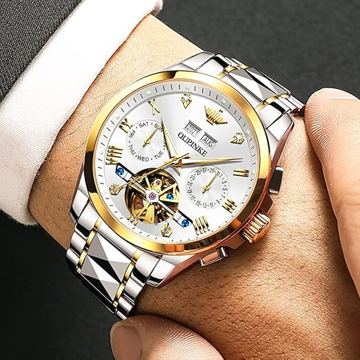 OUPINKE Mens Watches Skeleton Automatic Mechanical Premium with Calendar Sapphire Crystal Tungsten Steel Waterproof Wrist Watch