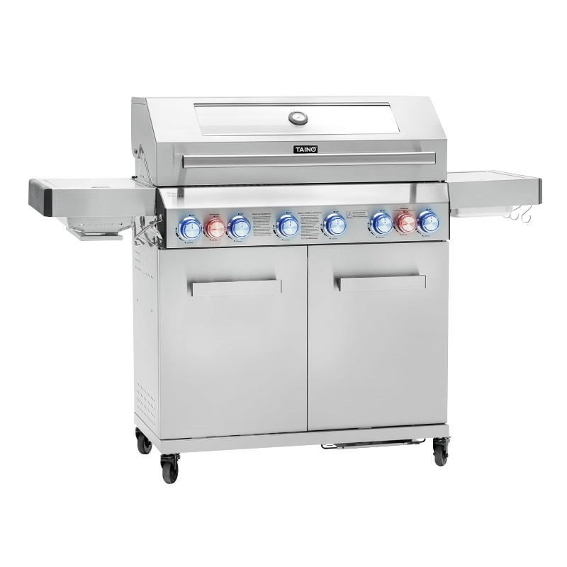 TAINO Platinum Yamara 6+2 Gas Barbecue Stainless Steel 6 Burner Ceramic Sear-Burner Ceramic Back Burner Piezo Ignition Cooking Grate Cast Iron