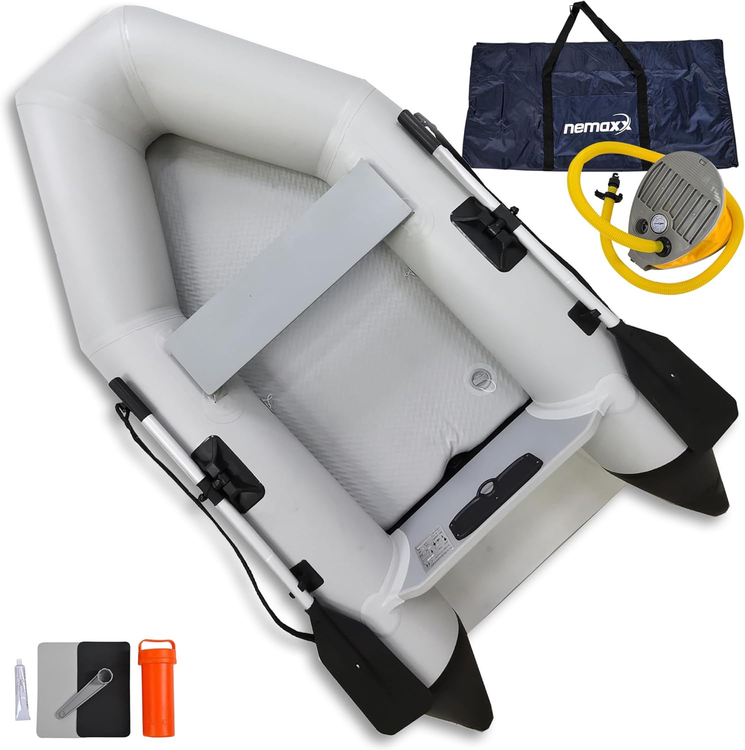 NEMAXX® Bateaux pneumatiques professionnelsINCL. 2 PAGAIES, SAC+POMPE À AIR – Bateaux gonflables à rames – Bateaux de pêche, bateaux pneumatiques – Pour 2,5,7 personnes (Longueur: 230cm,330cm,380cm)