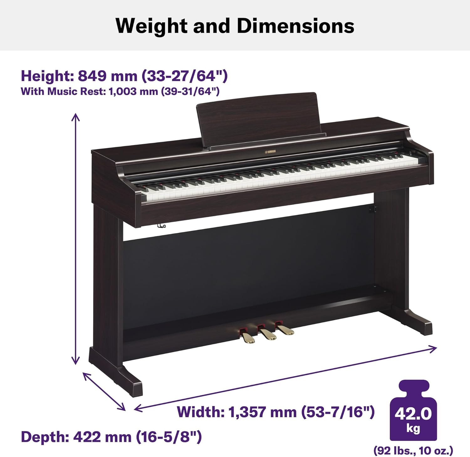 Yamaha Arius, Console Digital Weighted 88-Key Graded Hammer 3 Action, CFX Concert Grand Piano Sound, Includes Bench, Dark Rosewood (YDP165R)