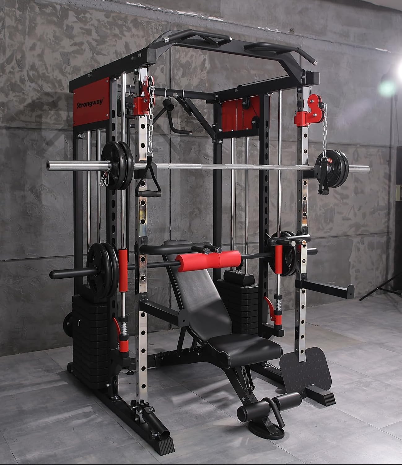 Strongway® Multi Gym Smith Machine with Weights 177KG Weight Stack Included - Multifunction Home Gym Dual Cable Pulley Dip Station Pull Up Bar Strength Training