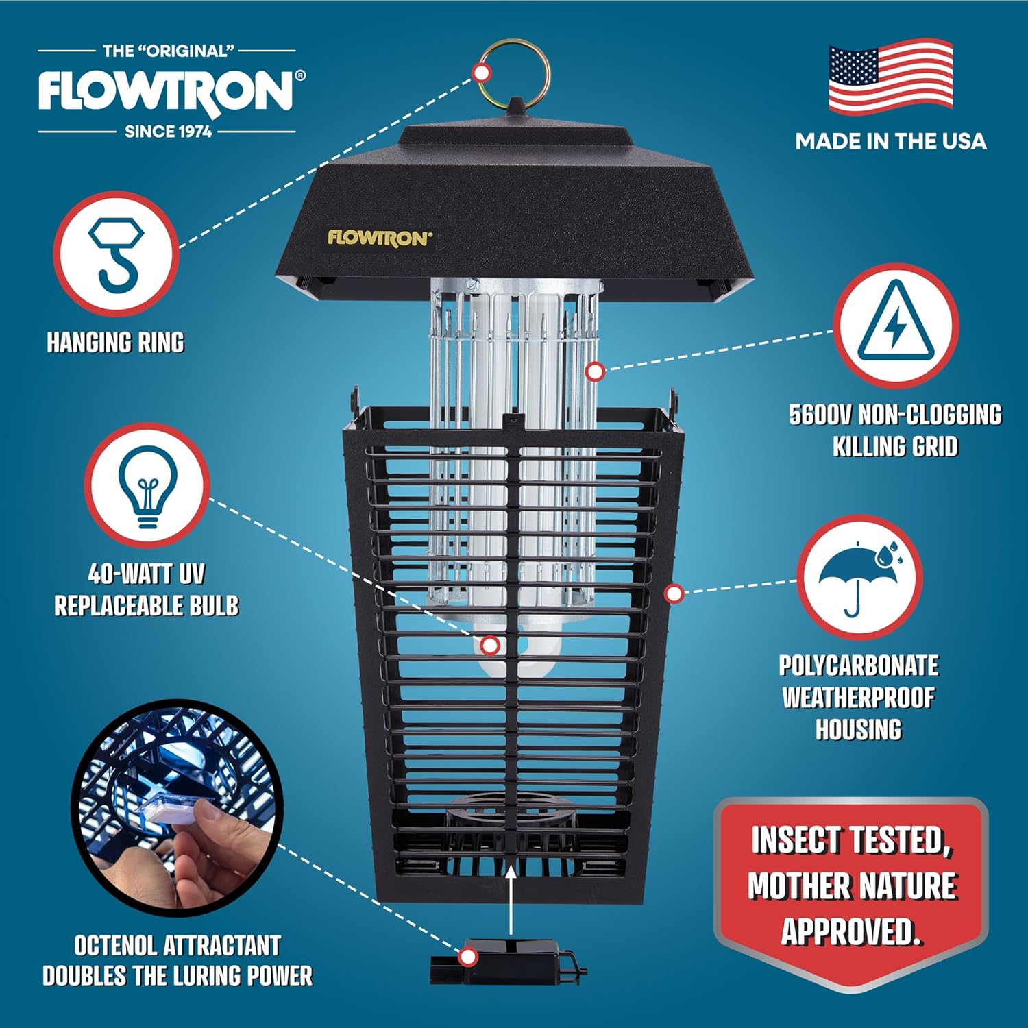 Flowtron Bug Zapper, 1 Acre of Outdoor Coverage with Powerful 40W Bulb & 5600V Instant Killing Grid, Electric Insect, Fly & Mosquito Zapper, Made in The USA