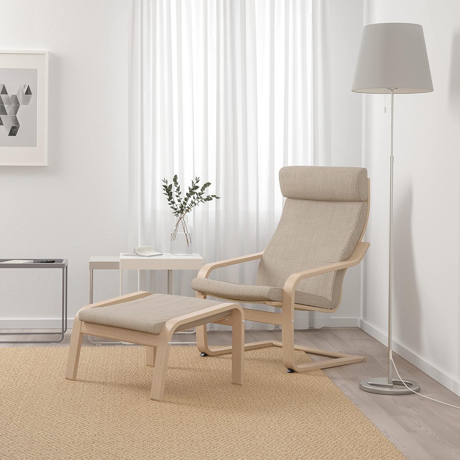 IKEA POÄNG Armchair and Footstool, White Stained Oak Veneer/Hillared Beige