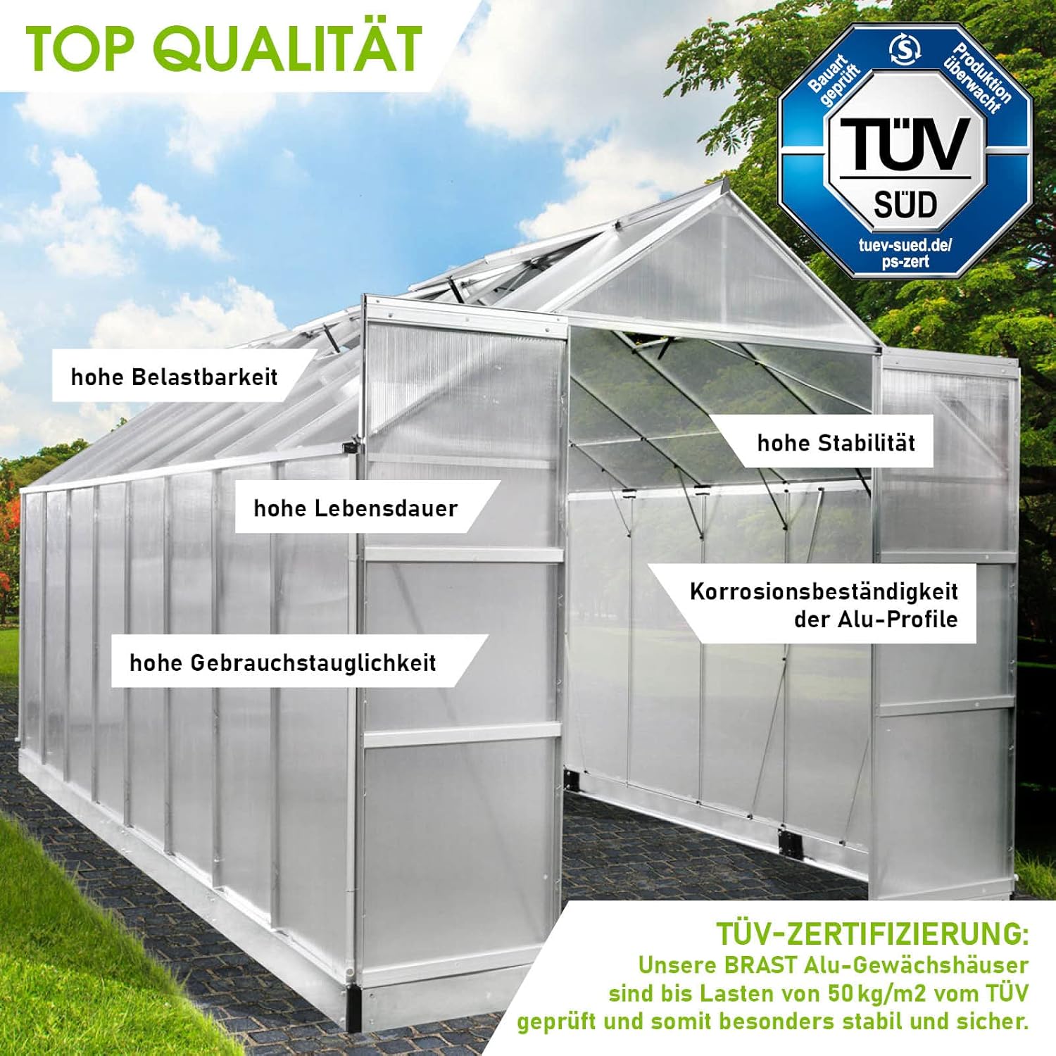 BRAST Aluminium Greenhouse with Base 490 x 250 x 235 cm, TÜV Tested, 6 mm Hollow Chamber Panels, Rustproof/Weatherproof/Temperature-Resistant