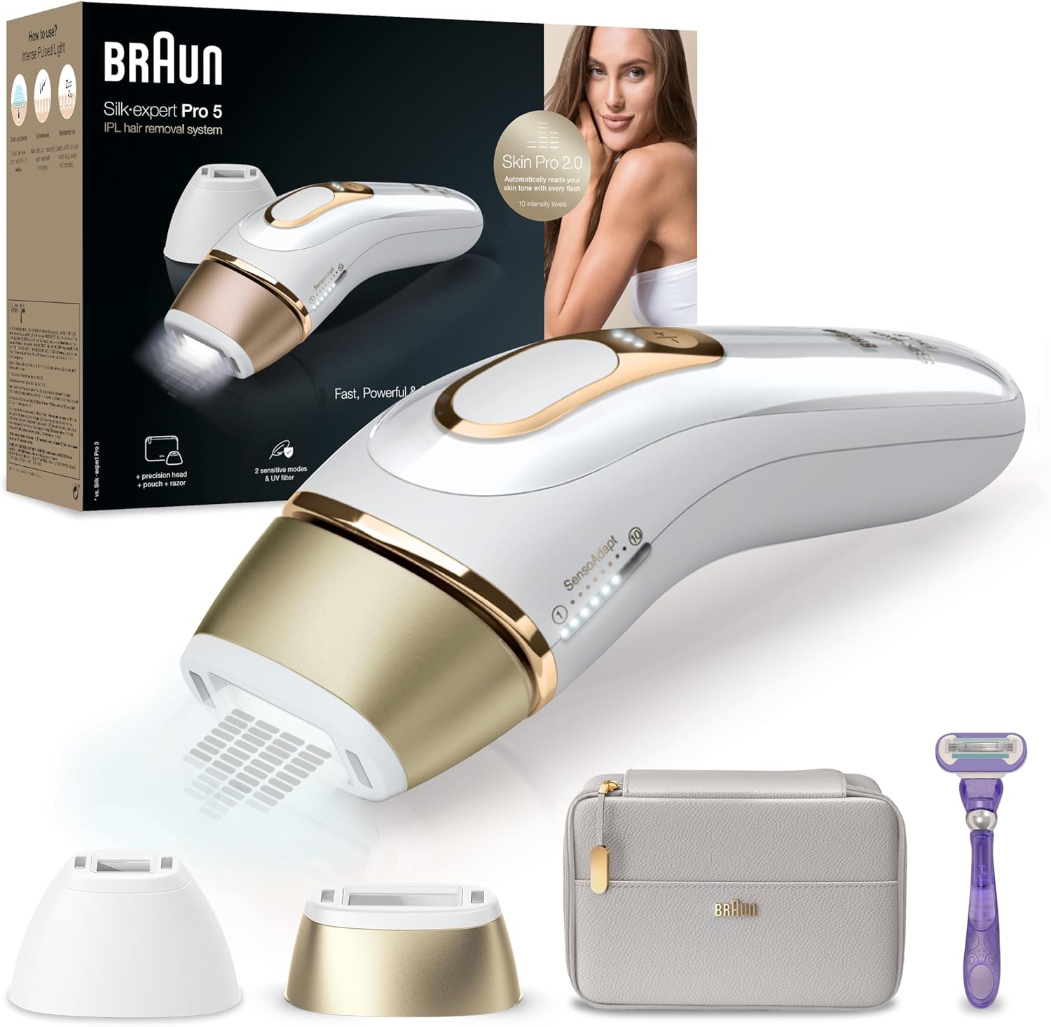 Braun Silk·expert Pro 5 Pulsed Light Hair Remover, with Pouch, Venus Precision Head and Razor, Alternative to Laser Hair Removal, White/Gold, PL5157