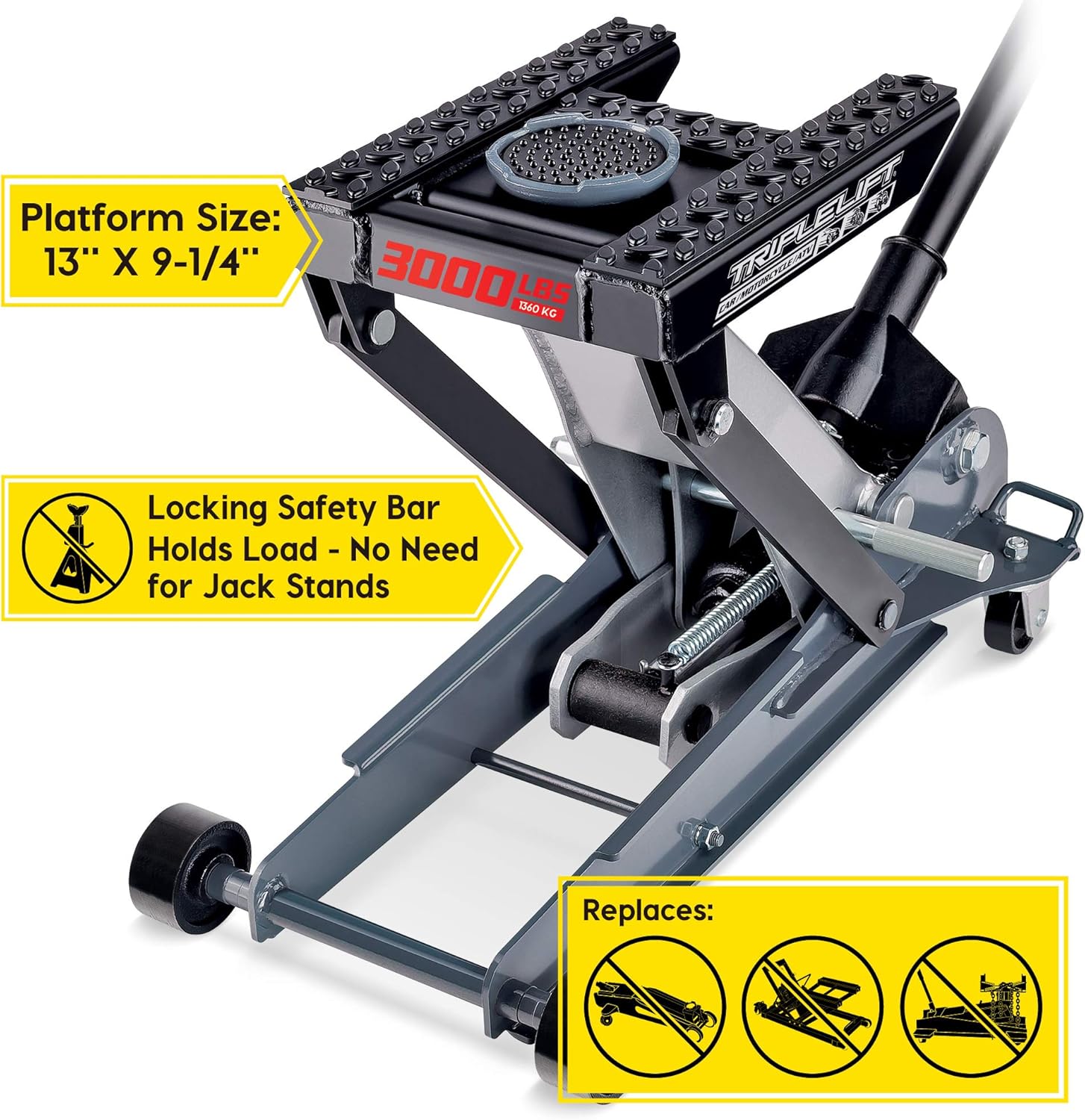 Powerbuilt 3000 Pound Triple Lift Garage Jack, Heavy Duty Vehicle, Truck, Car, Motorcycle, Transmission Lift, 1.5 Ton Capacity