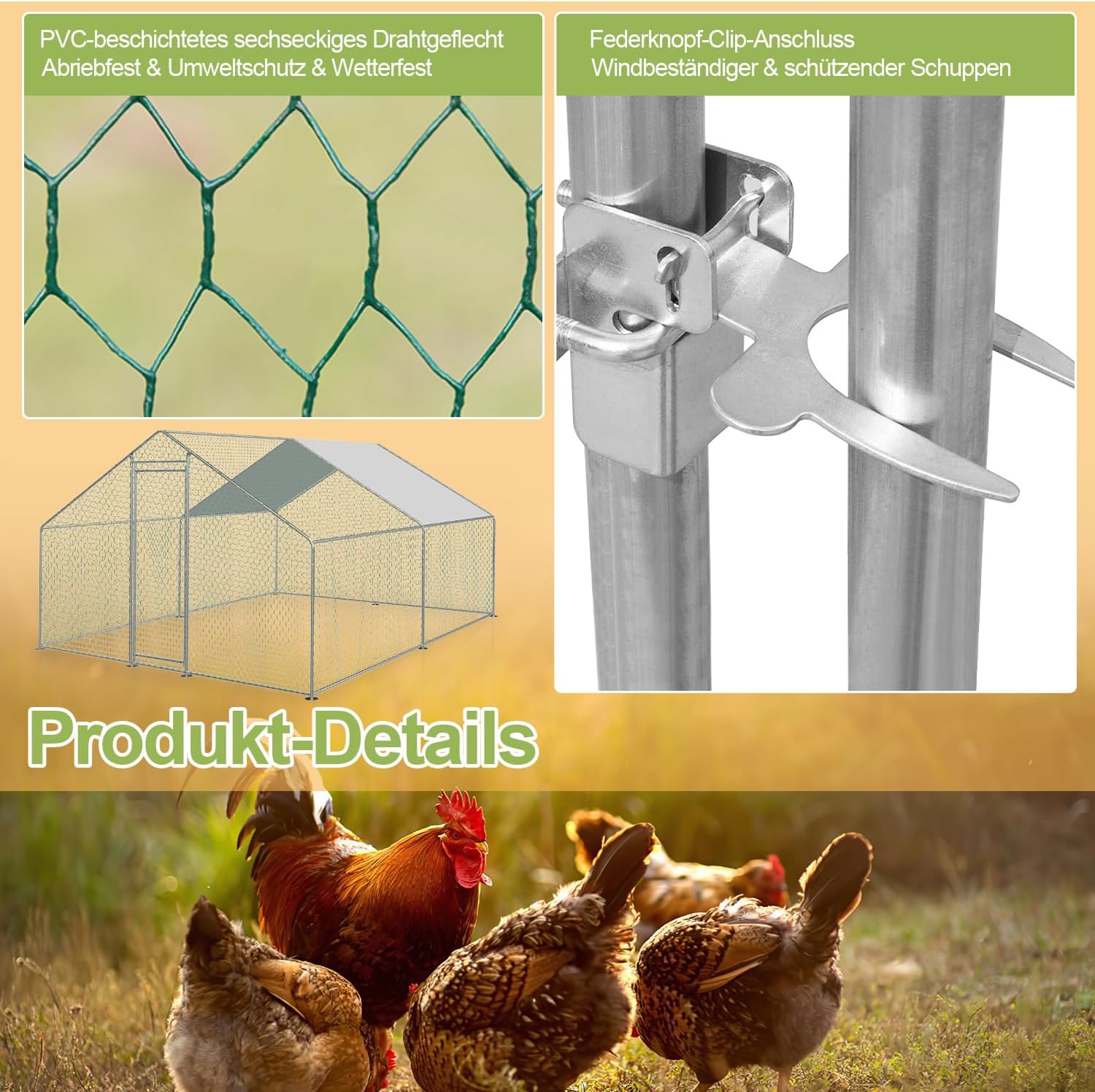 Sonnewelt Freilaufgehege 3x3x2m Hühnerstall Verzinkter Stahl Kleintierstall Hühnerhaus Dach Geflügelstall mit Sonnenschutzdach und Tür für Haustierkäfig Hühnerkäfig Vogelkäfig Kleintiere Pflanzen