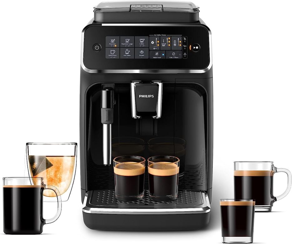 Philips 3200 Series fully automatic espresso machine - classic milk frother, 4 coffee varieties, intuitive touch display, black, (EP3221/44)