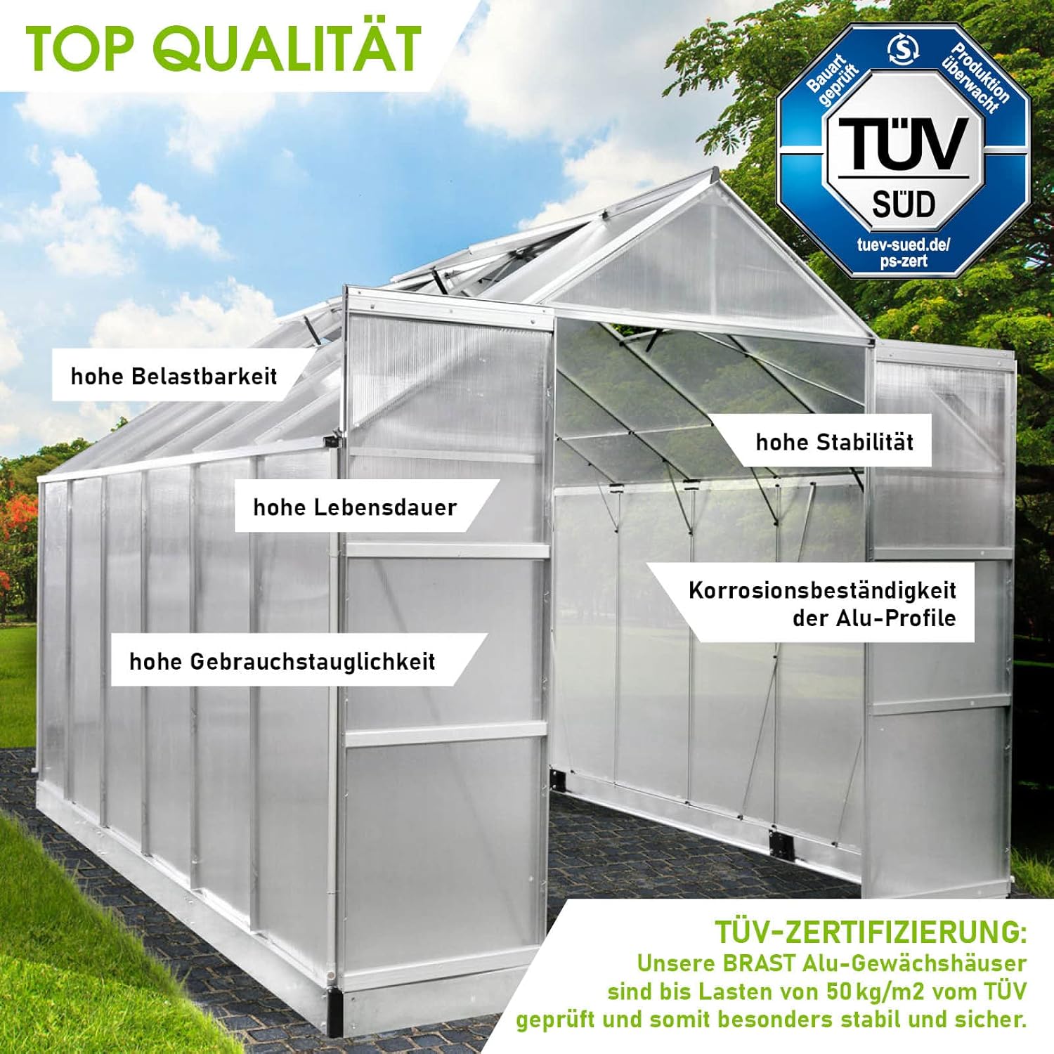 BRAST Aluminium Greenhouse with Base,380 x 250 x 235 cm, TÜV Tested, 6 mm Hollow Chamber Panels, Rustproof/Weatherproof/Temperature-Resistant