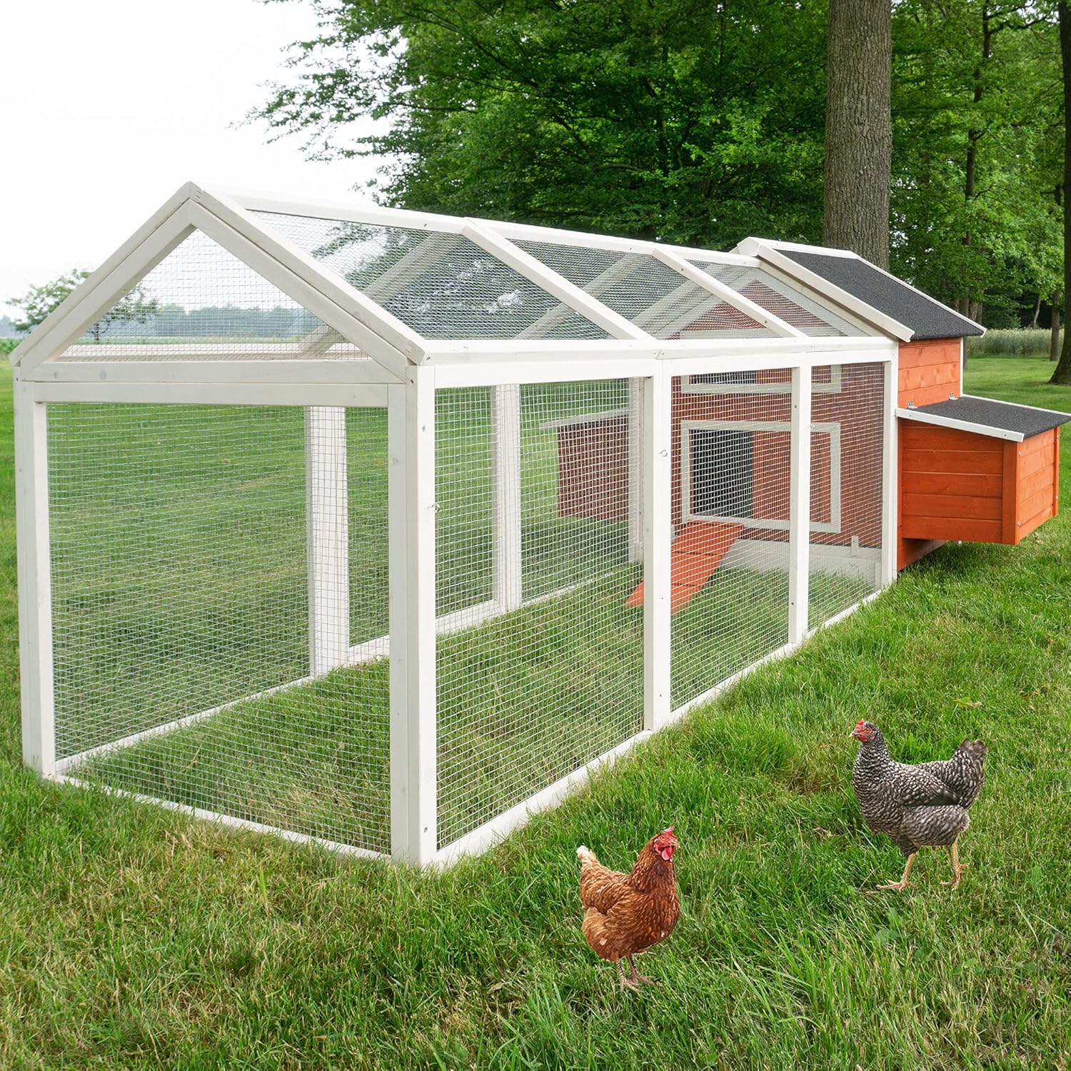 großer Hühnerstall - mit Regen und Sonnenschutz – Hühnerstall aus massivem Vollholz & stabilem Draht – schnell zu reinigen – witterungsbeständig dank hochwertiger Lasur –mit oder ohne Voliere
