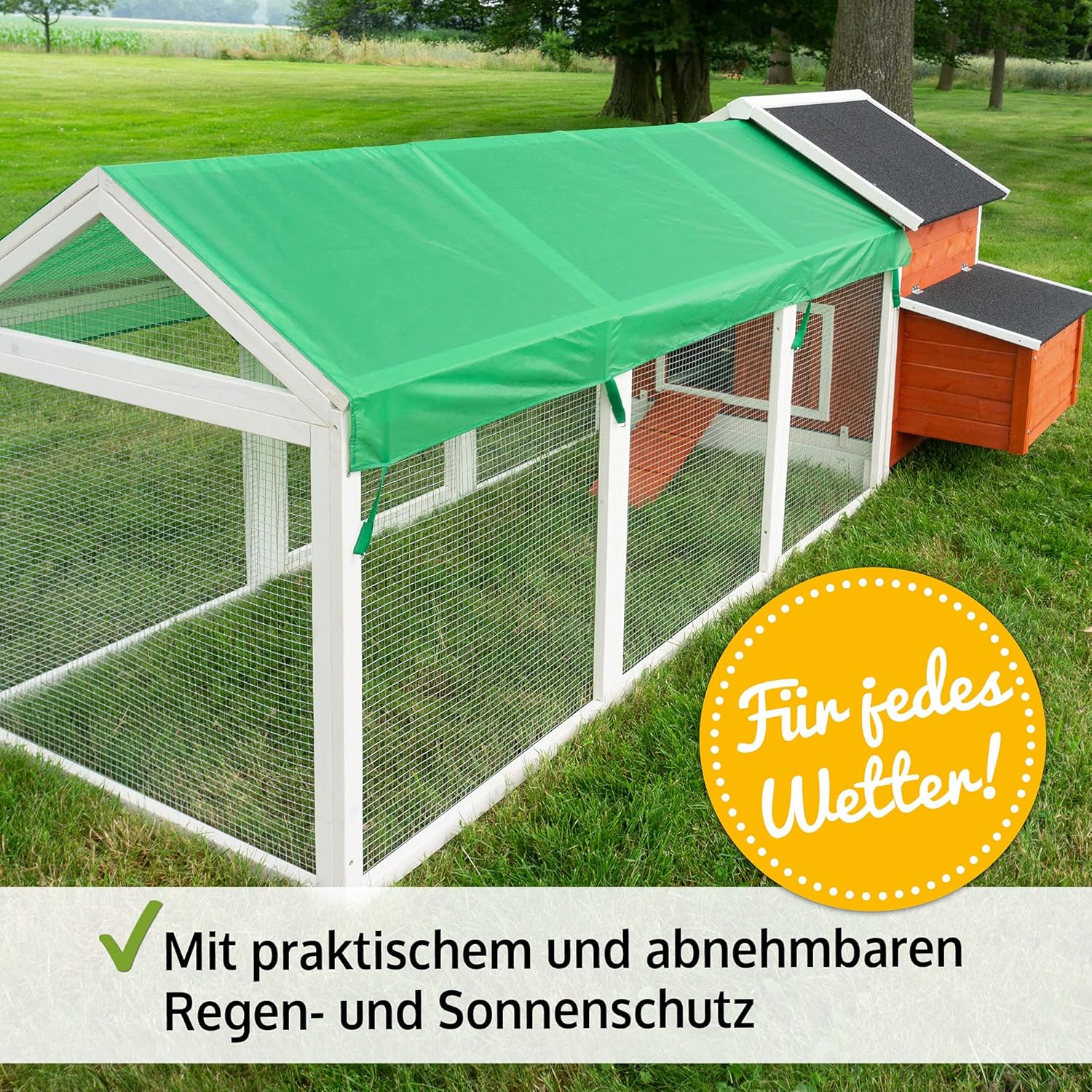 großer Hühnerstall - mit Regen und Sonnenschutz – Hühnerstall aus massivem Vollholz & stabilem Draht – schnell zu reinigen – witterungsbeständig dank hochwertiger Lasur –mit oder ohne Voliere