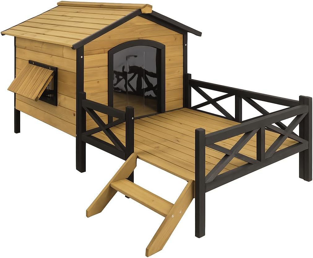 Large Outdoor Wooden Dog House with Porch – Weatherproof Pet Shelter for Medium to Large Dogs, Elevated Cabin Kennel with Removable Floor, Window & PVC Door Curtains