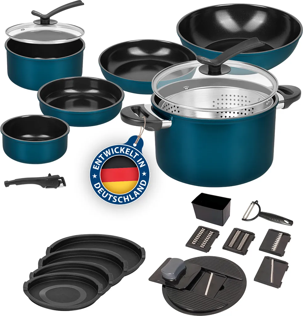 Kelton Pfannenset Töpfe Set 3 in 1 mit Deckel und Gemüseschneider 27 tlg., Kochgeschirr mit Pfannen und Kochtöpfen mit Antihaft Beschschichtung