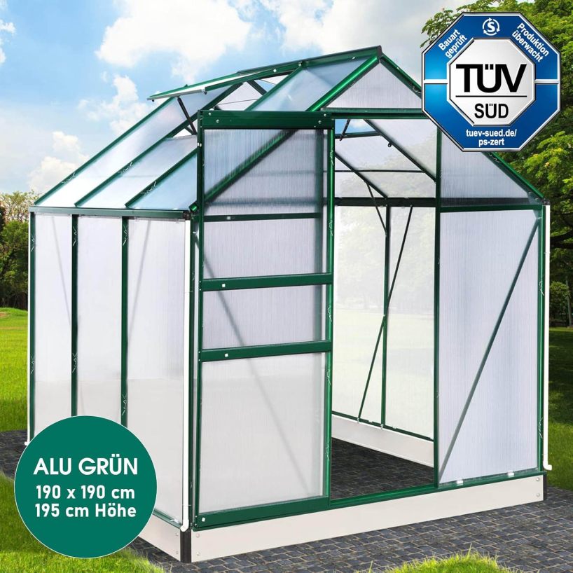 BRAST Aluminium Greenhouse with Base 190 x 190 x 195 cm, TÜV Tested, 6 mm Hollow Chamber Panels, Rustproof/Weatherproof/Temperature-Resistant