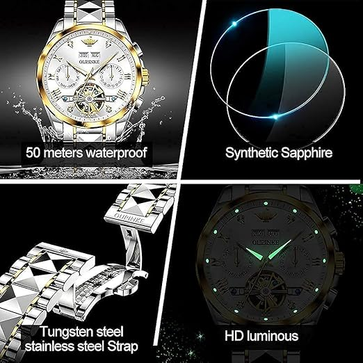 OUPINKE Mens Watches Skeleton Automatic Mechanical Premium with Calendar Sapphire Crystal Tungsten Steel Waterproof Wrist Watch