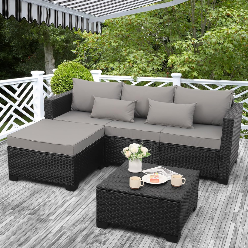 Rattaner Outdoor Furniture Set 3 Pieces Wicker Patio Furniture Outdoor Sectional Patio Couch Outdoor Coffee Table with Storage All-Weather Non-Slip Cushions Waterproof Covers
