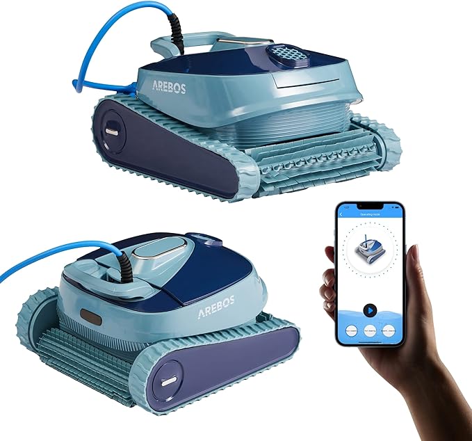 Arebos Automatic Pool Robot | Pool Cleaner for Wall, Floor and Waterline - Up to 100 m³ - APP Controlled - 3 Modes