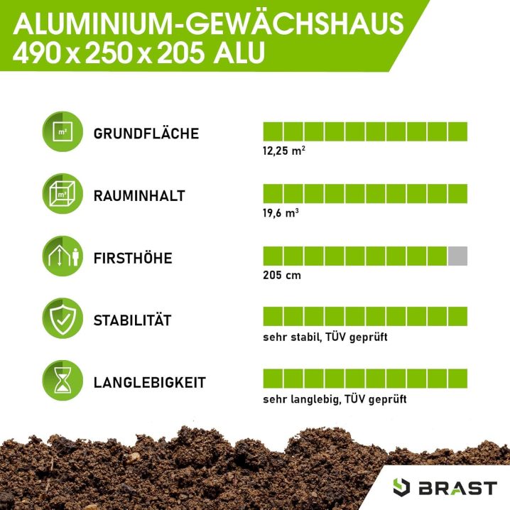 BRAST Aluminium Greenhouse with Base 490 x 250 x 205 cm, TÜV Tested, 6 mm Hollow Chamber Panels, Rustproof/Weatherproof/Temperature-Resistant