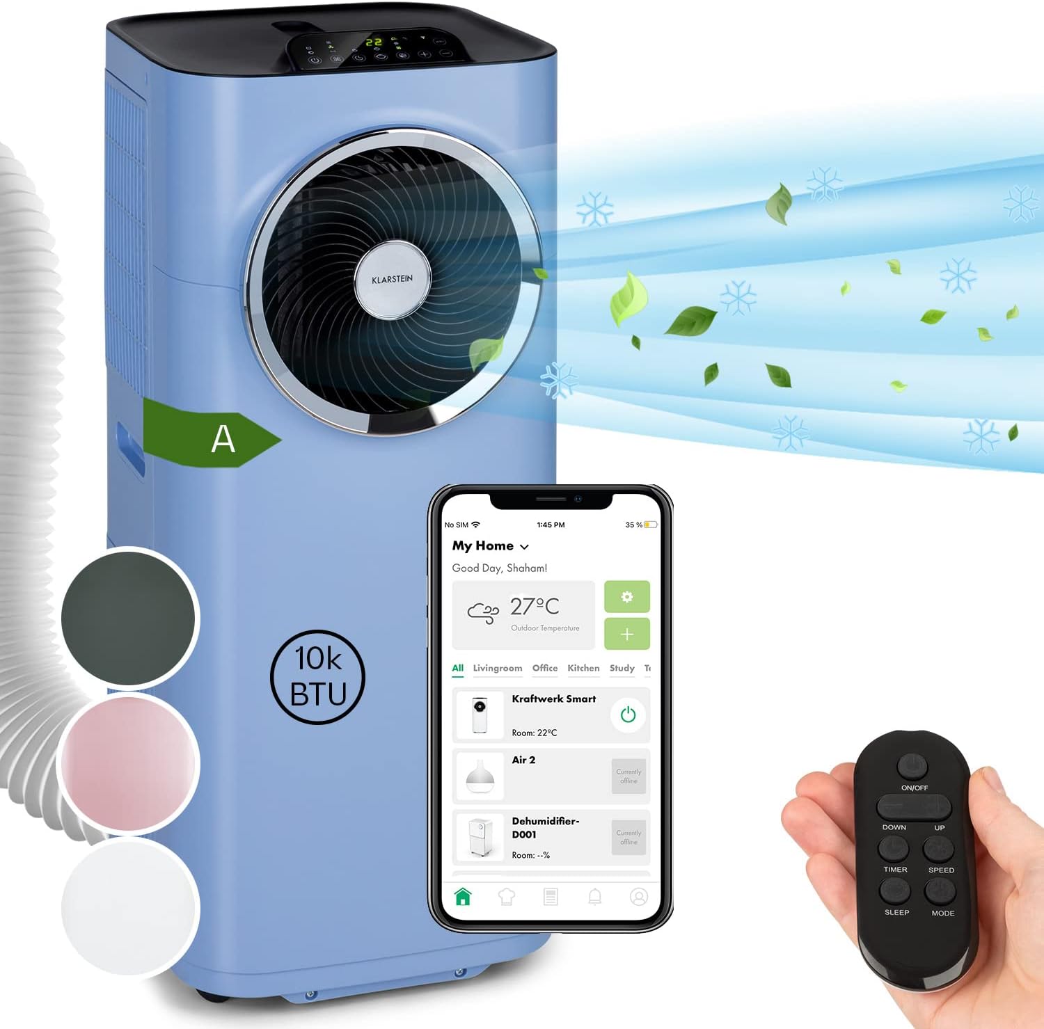 Klarstein portable air conditioner with exhaust pipe, 5-in-1 air conditioner（Blau）
