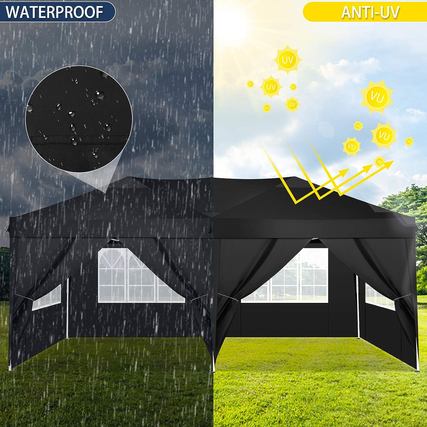 TOOLUCK Folding Gazebo Waterproof Stable Popup Foldable Gazebo Anti-UV Garden Gazebo with 6 Side Panels