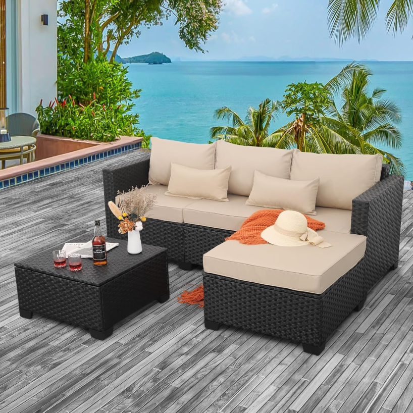 Rattaner Outdoor Furniture Set 3 Pieces Wicker Patio Furniture Outdoor Sectional Patio Couch Outdoor Coffee Table with Storage All-Weather Non-Slip Cushions Waterproof Covers
