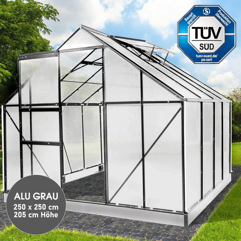 BRAST Aluminium Greenhouse with Base, 250 x 250 x 205 cm, TÜV Tested, 6 mm Hollow Chamber Panels Rustproof, Weatherproof, Temperature-Resistant