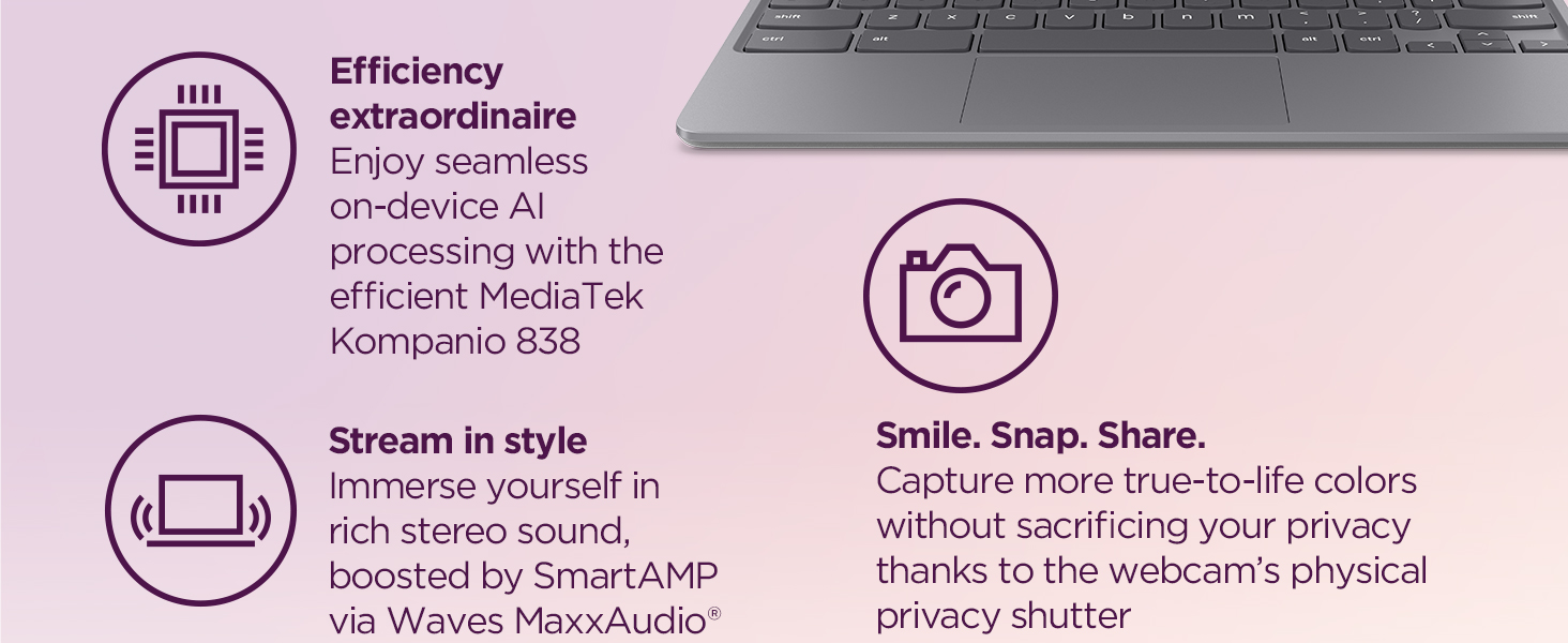 Lenovo laptop features efficient AI with MediaTek, rich sound with SmartAMP, and a privacy webcam