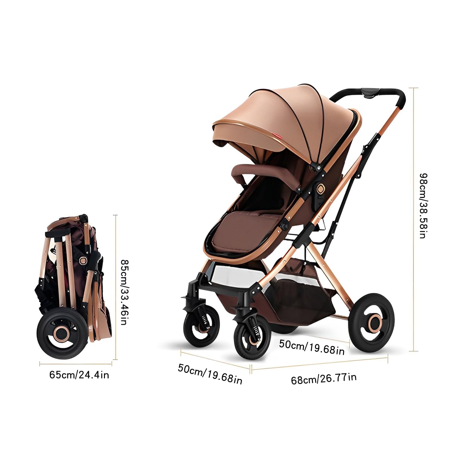 2 in 1 Convertible Baby Stroller Newborn Reversible Bassinet Pram, Foldable Pushchair with Adjustable Canopy Folding High Landscape Infant Carriage, Anti-Shock Toddler Pushchair