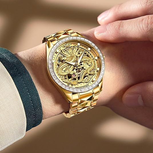 OUPINKE Dragon Skeleton Mens Wrist Watches Luxury Dress Automatic Self Winding Mechanical Sapphire Crystal Diamond Waterproof Luminous Tungsten Steel Band Watches