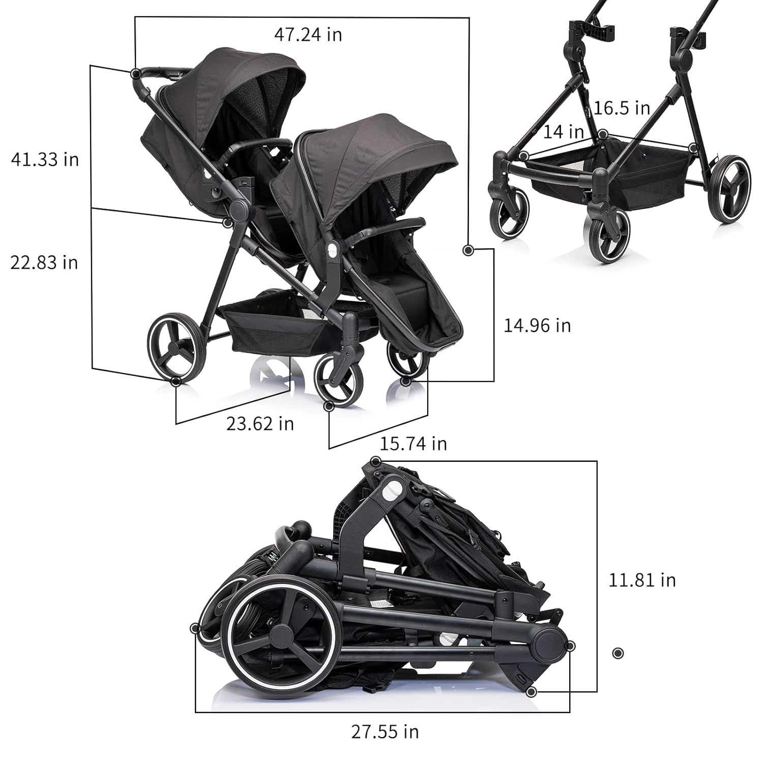 Twins Stroller,Single - Double Lightweight Travel Folding Stroller Reversible Bassinet Pram for Newborn&Toddler with 5-Point Harness,Adjustable Canopy,Guardrails,Storage