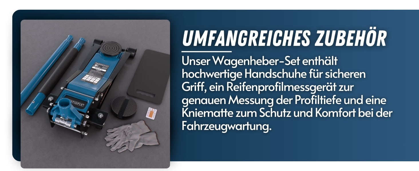 Fahrzeugwartungsset mit blauem Hydraulikheber, Schutzhandschuhen, Reifendruckmessger&auml;t und Knieschoner f&uuml;r die Fahrzeugwartung.