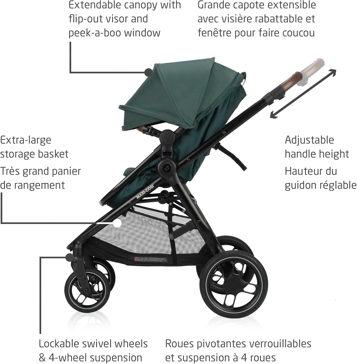 Maxi-Cosi New Generation Zelia Luxe 5-in-1 Modular Travel System, Carriage Mode, Reversible Toddler Seat, Mico Infant Car Seat (included), Enhanced All-Terrain Wheels, Use from Birth – Essential Green