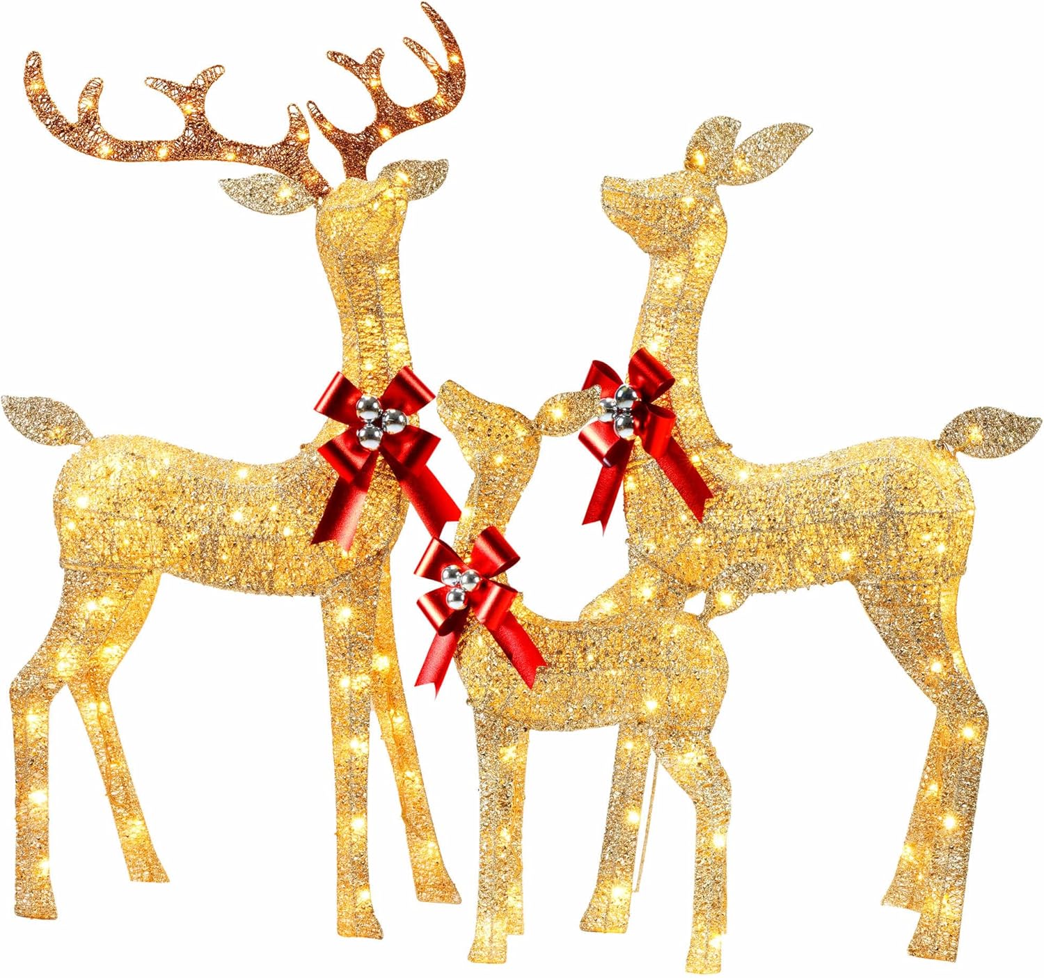 YULETIME 3-Piece Pre-lit 3D Christmas Reindeer Family, Lighted Glitter Christmas Deer Family Holiday Decoration with Warm White LED Lights (3D 3-Piece)