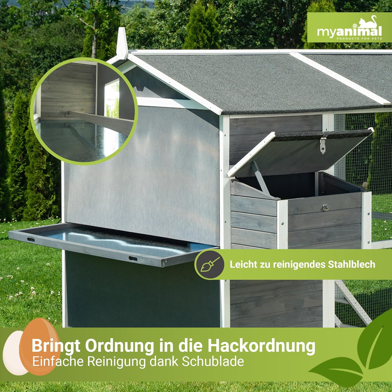 Miweba MyAnimal Hühnerstall MH-15 XXL | 186x146x147 cm - Für 7 Hühner - Nistkasten mit Freilaufgehege - Sitzstange - Winterfest - 2 Ebenen - Hühnerhaus mit Eiablage - Kiefernholz - Voliere (Grau/Weiß)