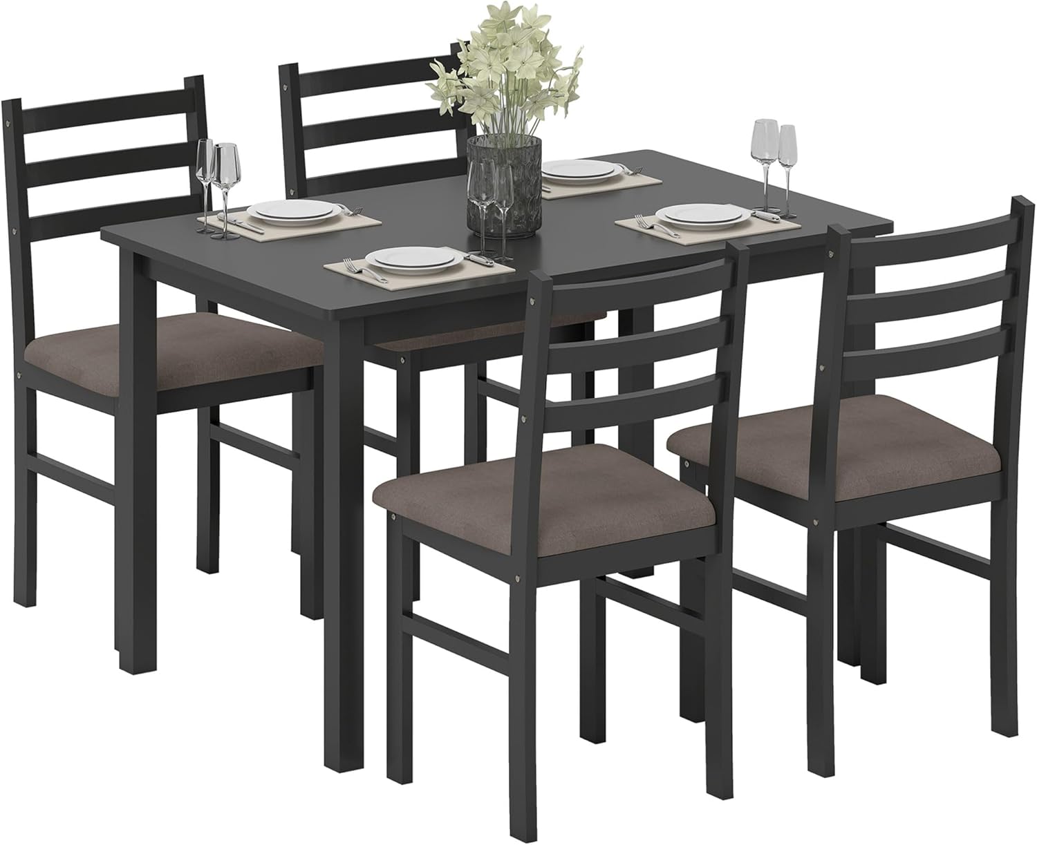 HOMCOM 5-Piece Dining Table Set for 4 with Solid Wood Frame, Farmhouse Kitchen Table Set with 4 Upholstered Padded Chairs for Small Space, Dining Room, Breakfast Nook, Black