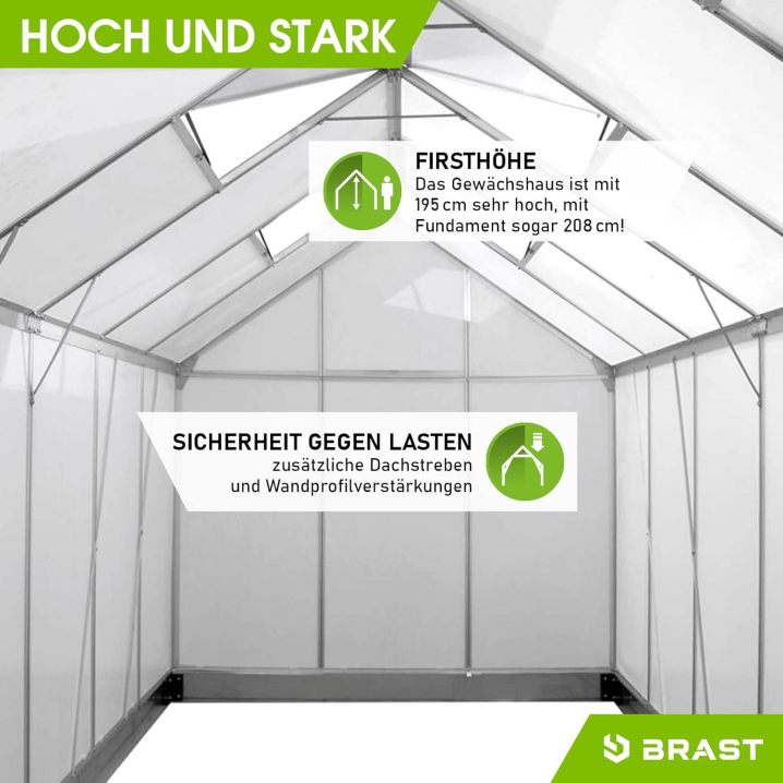 BRAST Aluminium Greenhouse with Base 380 x 190 x 195 cm, TÜV Tested, 6 mm Hollow Chamber Panels, Rustproof/Weatherproof/Temperature-Resistant