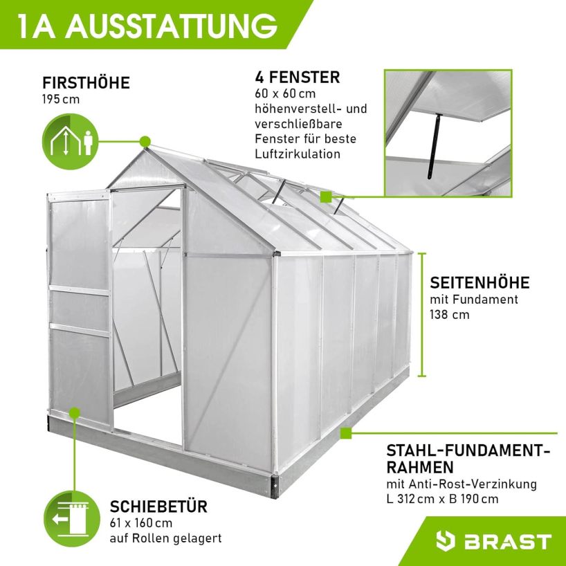 BRAST Greenhouse Aluminium with Base 310 x 190 x 195 cm TÜV Tested, 6 mm Hollow Chamber Panels, Rustproof, Weatherproof, Temperature-Resistant