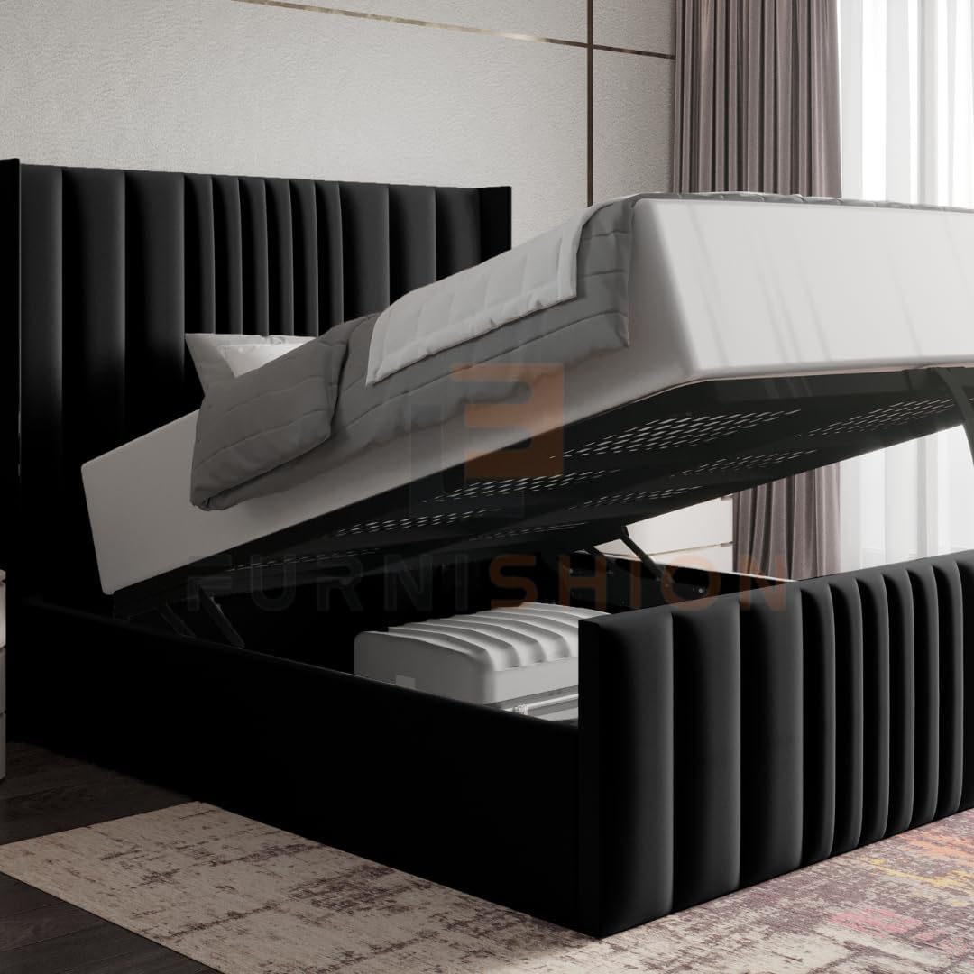 Furnishion Ottoman Bed - Black Velvet Double Bed with Storage - Panel 4ft6 Bed - Mattress Not Included & 48inch High Headboard