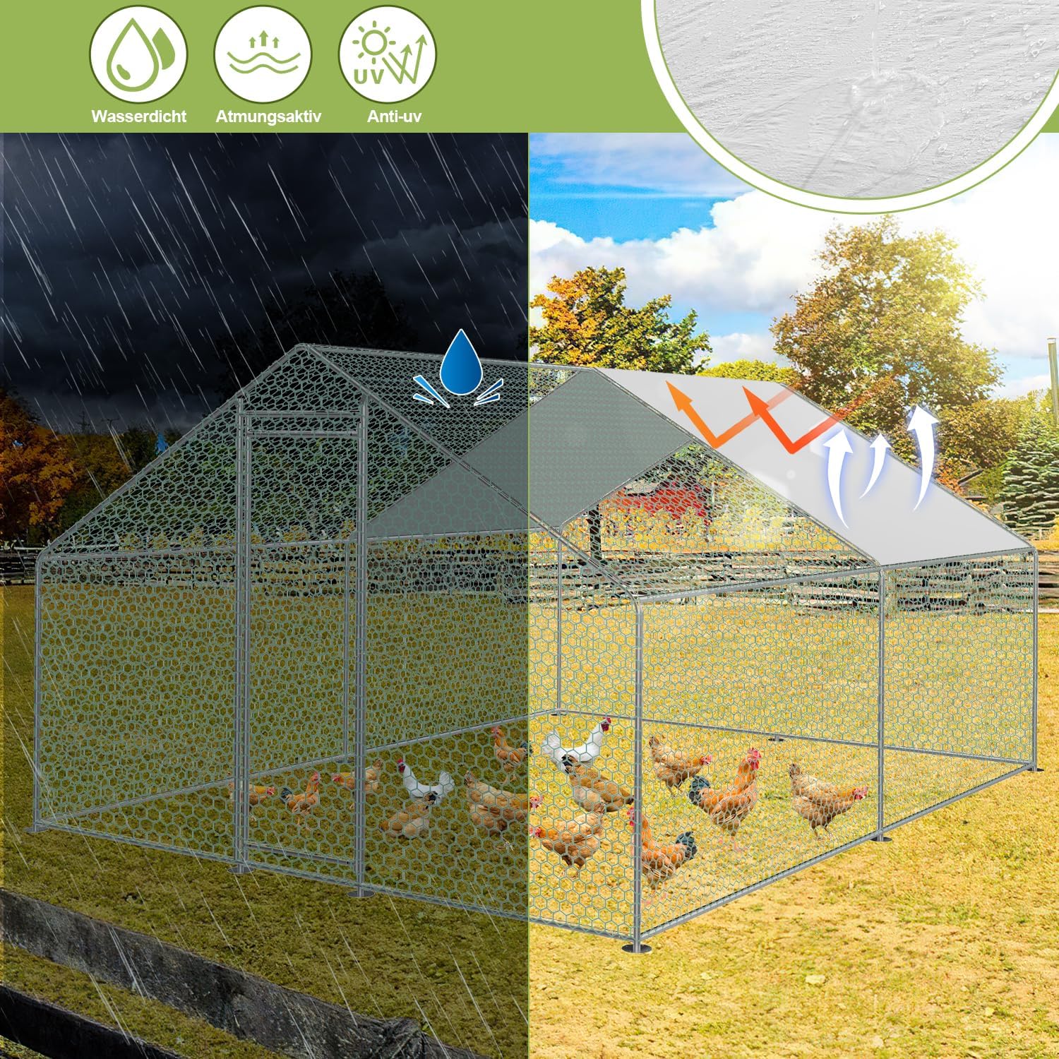 Sonnewelt Freilaufgehege 3x3x2m Hühnerstall Verzinkter Stahl Kleintierstall Hühnerhaus Dach Geflügelstall mit Sonnenschutzdach und Tür für Haustierkäfig Hühnerkäfig Vogelkäfig Kleintiere Pflanzen