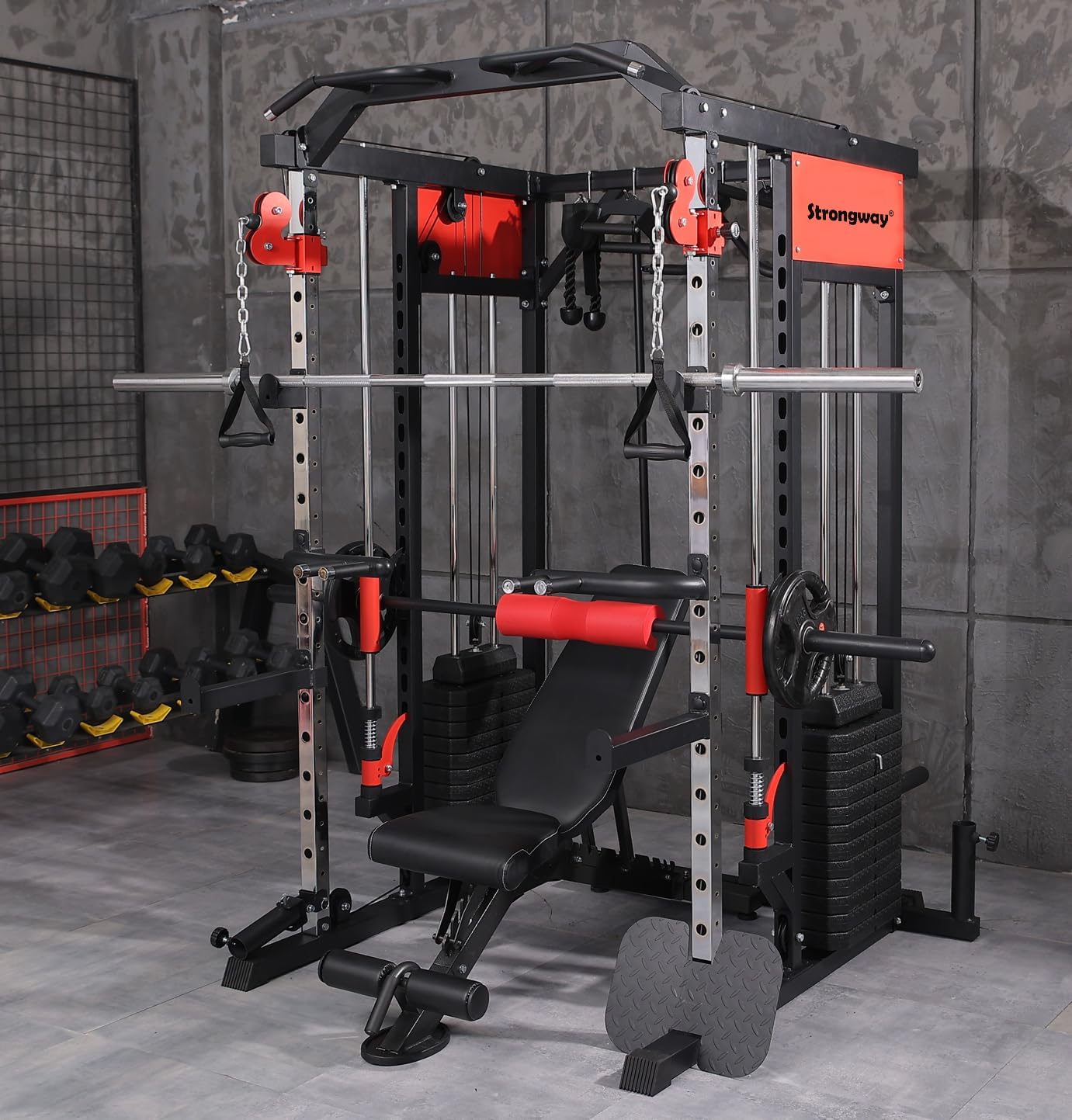 Strongway® Multi Gym Smith Machine with Weights 177KG Weight Stack Included - Multifunction Home Gym Dual Cable Pulley Dip Station Pull Up Bar Strength Training