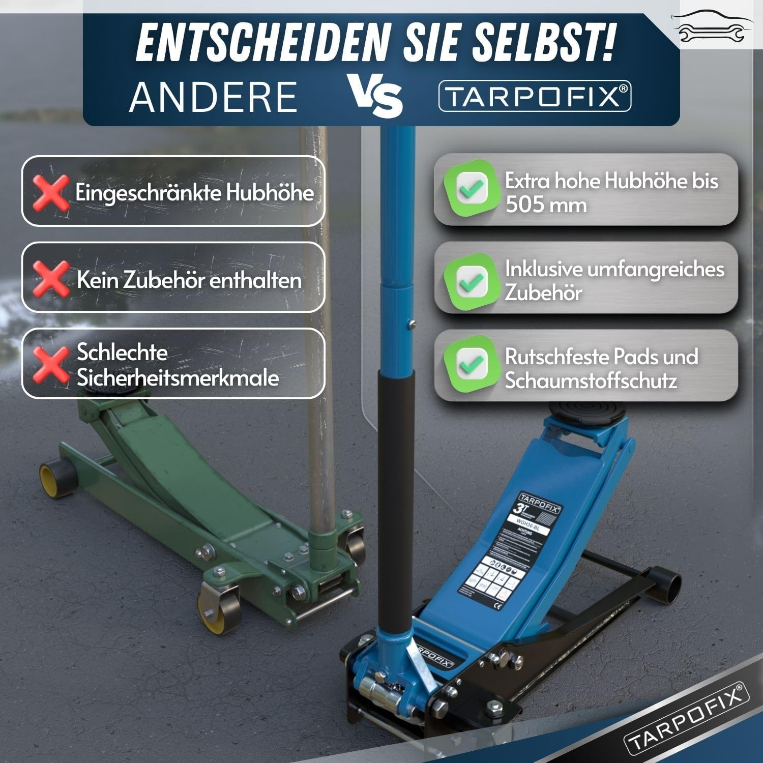 Tarpofix® 3t Flat Hydraulic Jack | Double Cylinder | Fits SUVs & Lowered Cars, 75-505mm Lift