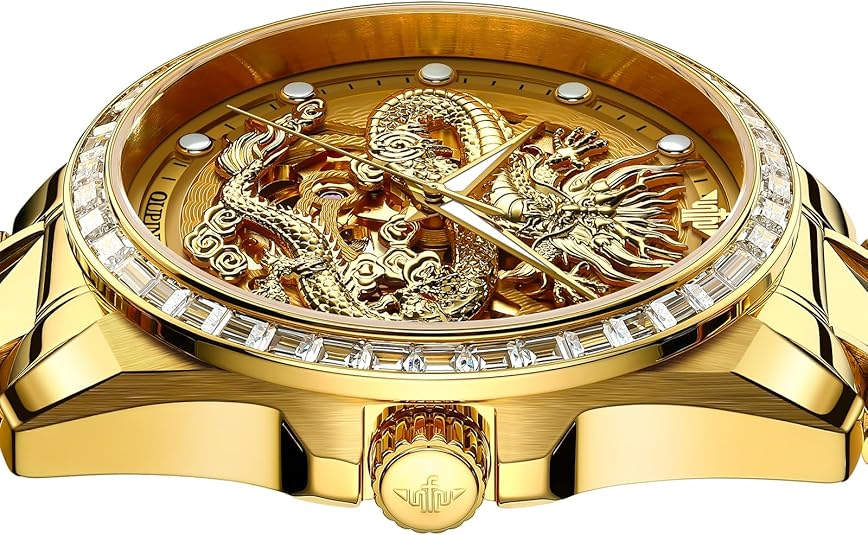 OUPINKE Dragon Skeleton Mens Wrist Watches Luxury Dress Automatic Self Winding Mechanical Sapphire Crystal Diamond Waterproof Luminous Tungsten Steel Band Watches