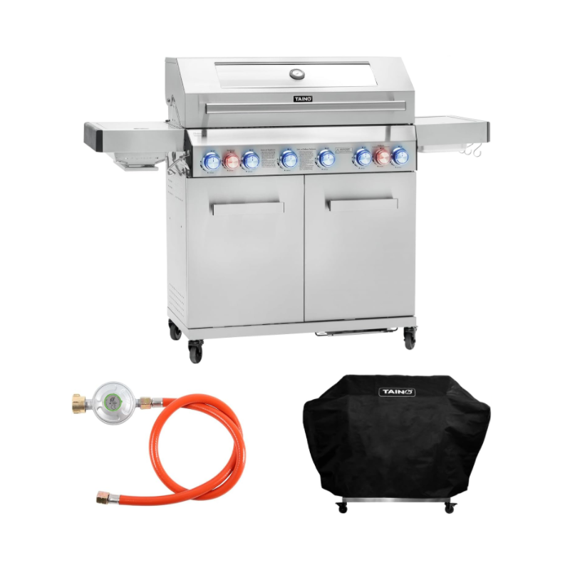 TAINO Platinum Yamara 6+2 Gas Grill Set, Stainless Steel, 6 Burners, Ceramic Sear-Burner, Ceramic Back Burner, Piezo Ignition Cover