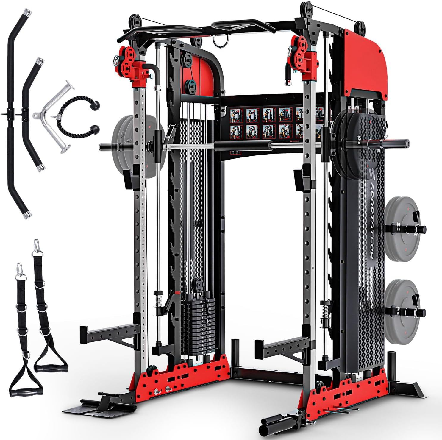 Sportstech SXM200 Smith Machine for Home, Power Rack with Cable Pull, Pull-Up, Barbell Bar, Bench Press, Multipress, 140 kg Training Weight, Power Station with Handles, Multifunctional, Home Gym