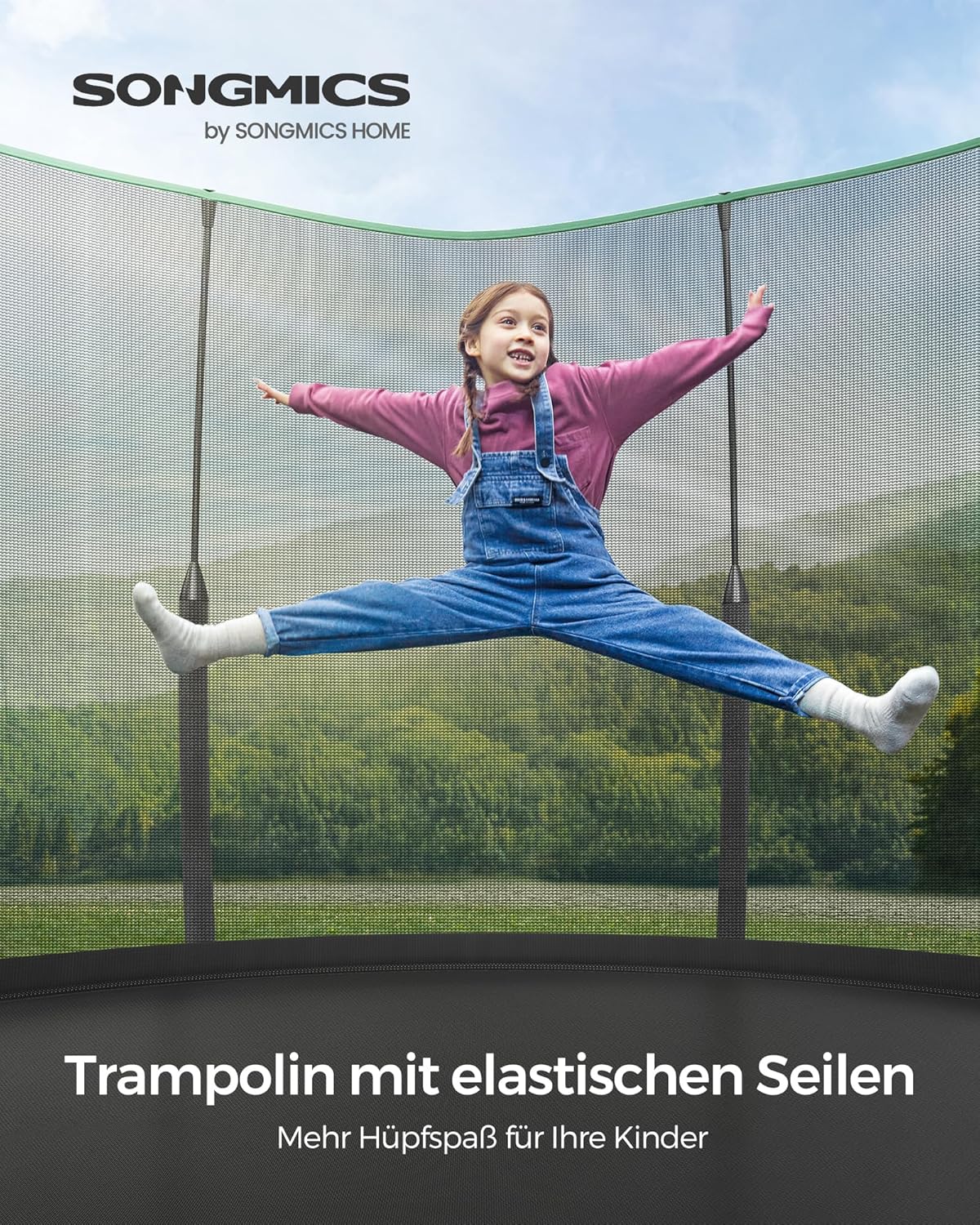 SONGMICS Springless Trampoline Ø 305 cm, Outdoor Trampoline for Children, Elastic Ropes, Safety Net with Zipper, Fiberglass Poles, Safe, Quiet