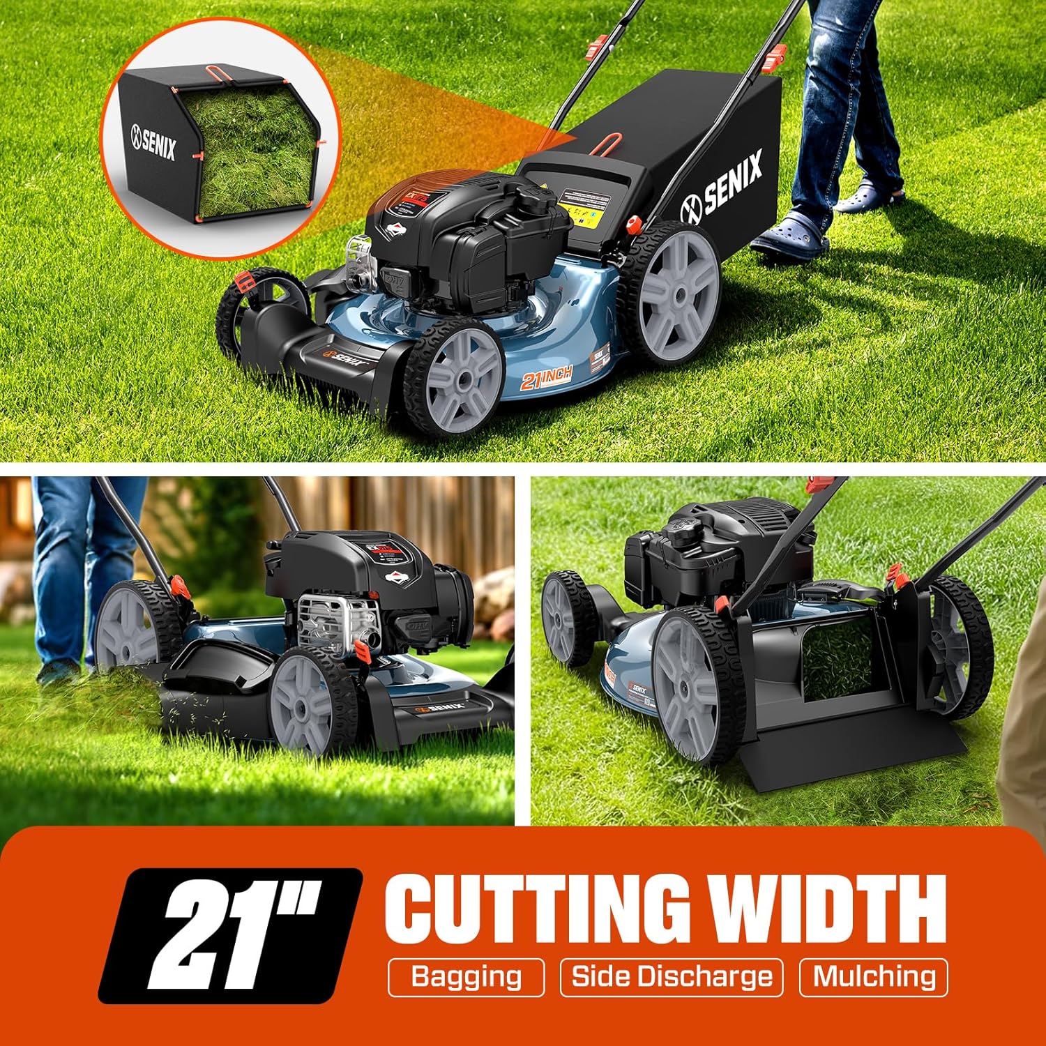 SENIX 21-Inch Gas Lawn Mower | 4 Stroke Push Mower with 163cc B&S EX675 Engine | 3-in-1 Mulching, Bagging & Side Discharge | 6-Position Height Adjustment | 16-Gallon Bagger | LSPG-M8